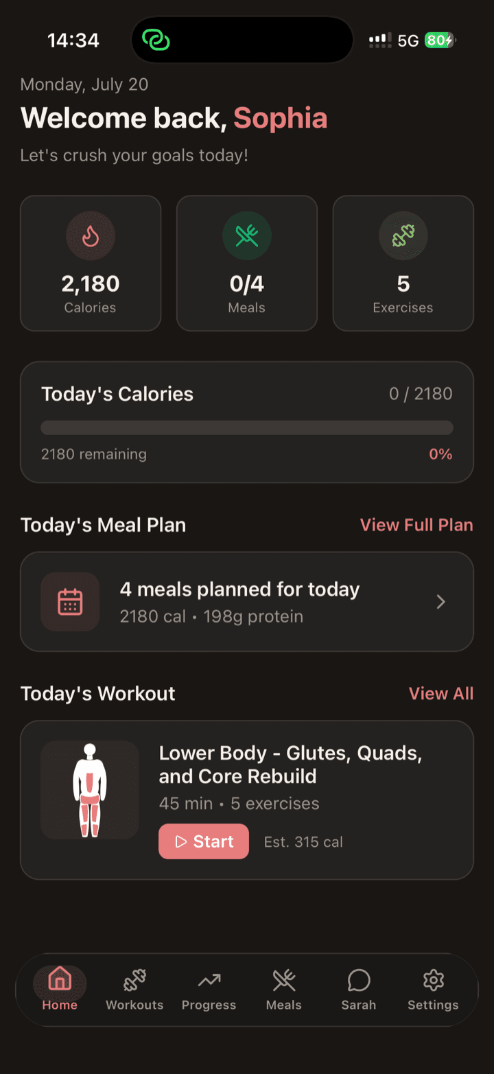 HerShape home screen showing today's calorie target, a four meal plan, and a lower body workout ready to start