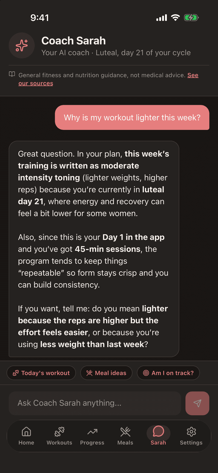 Coach Sarah chat in the HerShape app, headed Luteal, day 21 of your cycle. Asked "Why is my workout lighter this week?", Sarah explains that this week's plan uses lighter weights and higher reps because in the luteal phase energy and recovery can feel a bit lower