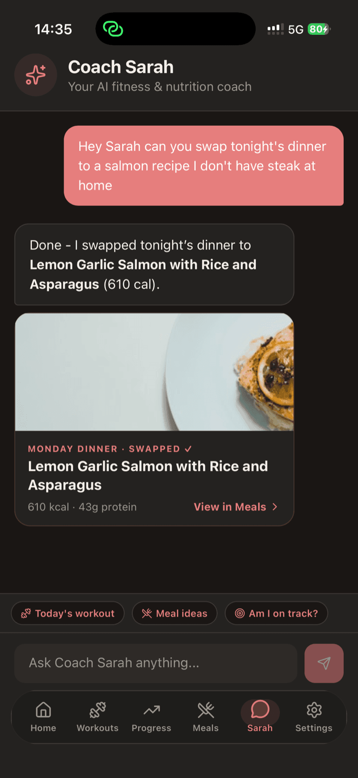 Coach Sarah chat where a steak dinner is swapped for lemon garlic salmon with rice and asparagus